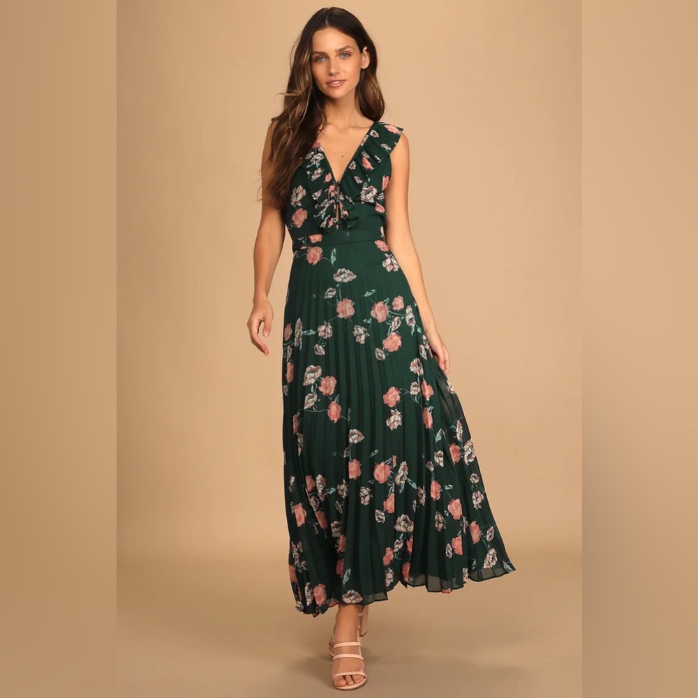 Loved By You Dark Green Floral Print Pleated Chiffon Maxi Dress